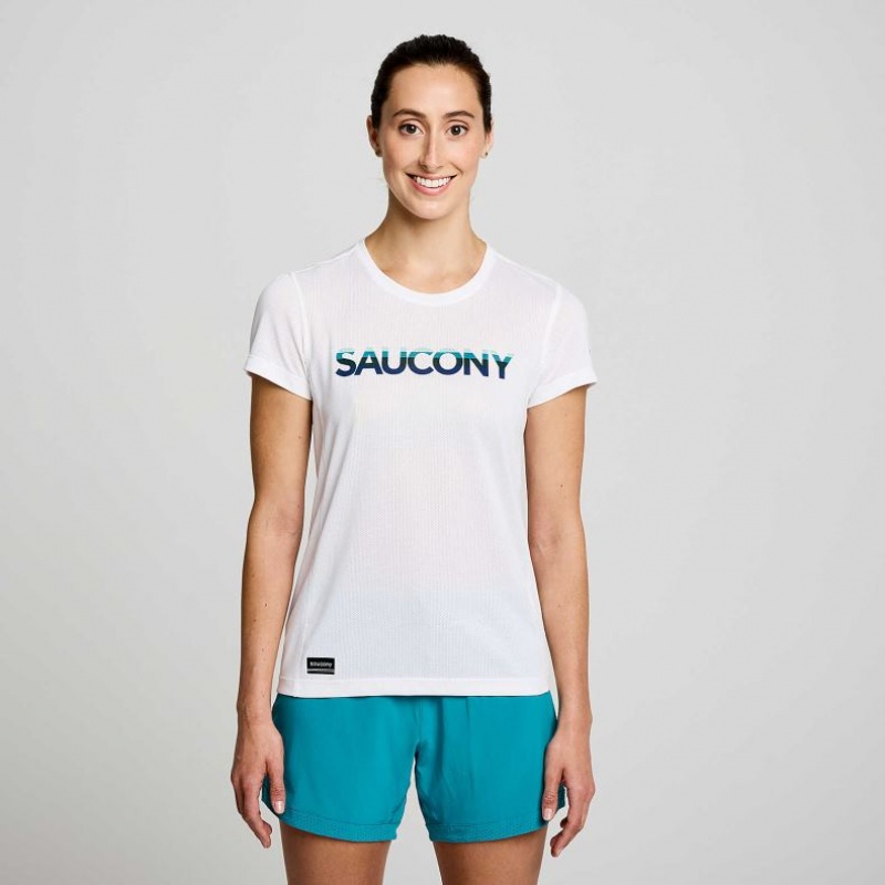 Saucony Stopwatch Graphic Lyhyt Sleeve Naisten T-Paita Valkoinen | SUOMI GPJXLHC